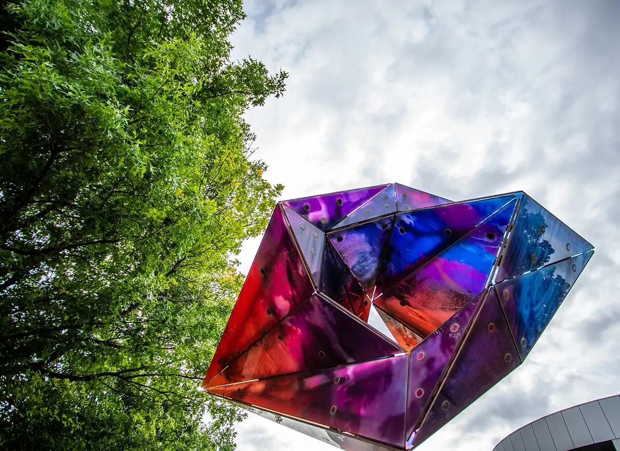 An abstract outdoor sculpture at the Dean McGee Eye Institute Foundation