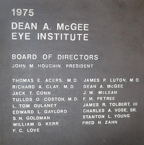 1975 Dean A. McGee Eye Institute Board of Directors plaque
