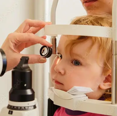An ophthalmologist gets a close up of a young girl's eye during an exam
