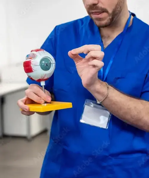 Man presenting information on eye model