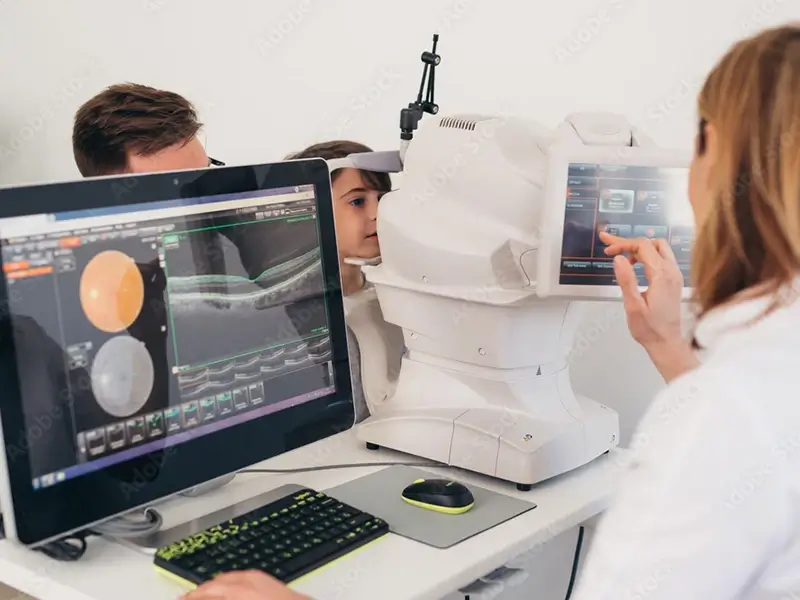 A young boy gets a retinal scan by an ophthalmologist