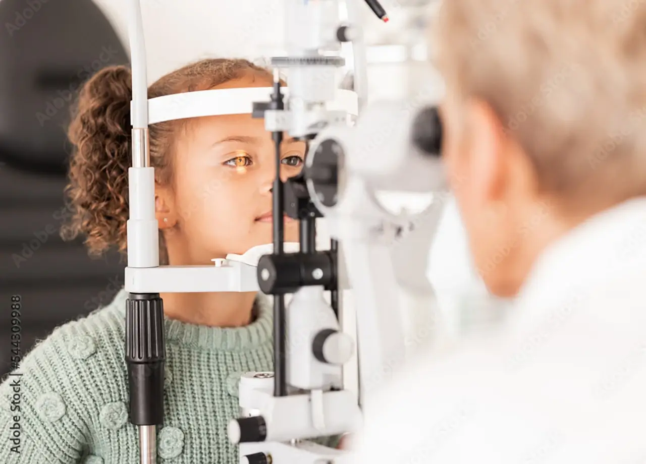 A young girl getting her eyes examined by an ophthalmologist