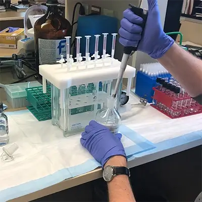 A researcher using a tool to place a specimen inside a beaker
