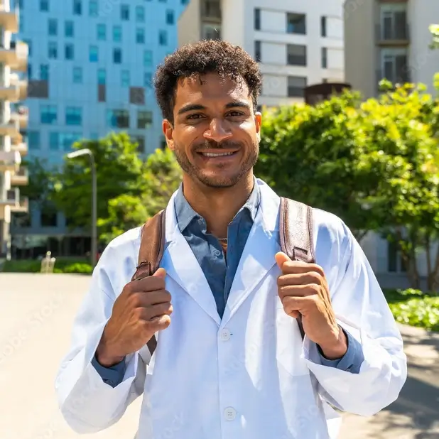 A residency student wearing a coat and clutching his backpack